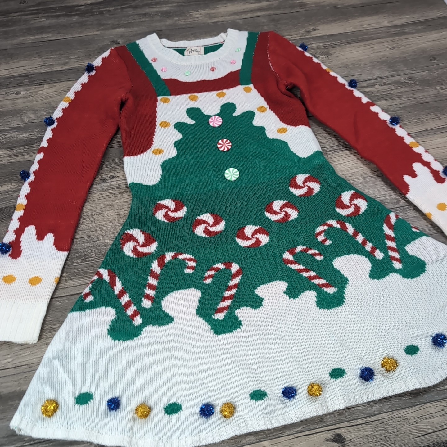 Kitschy Christmas Tree Holiday Fun Long Sleeve Dress Pom Poms Women’s XS