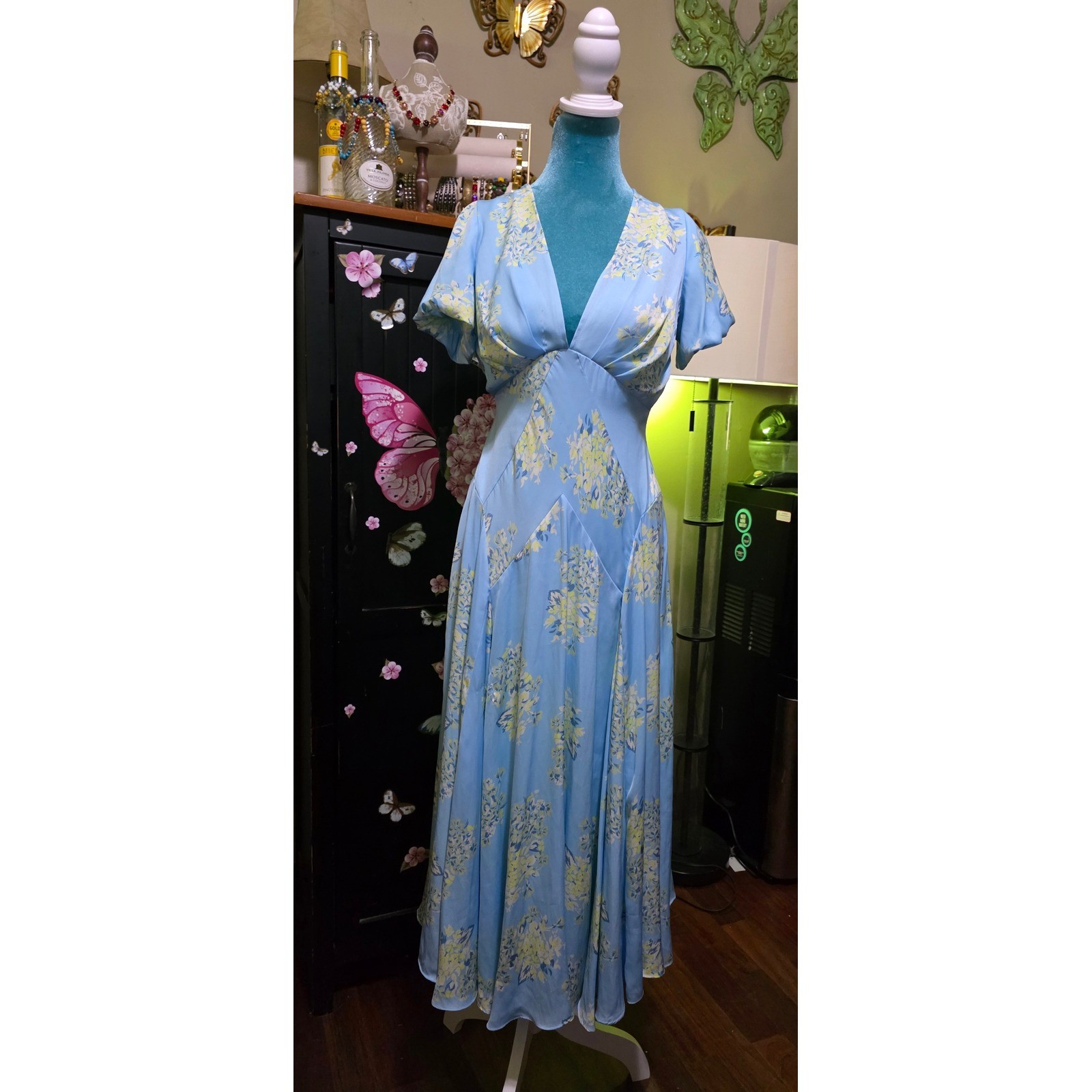 Free People Laura Printed Midi Dress Light Blue Yellow Floral V-Neck Backless XS