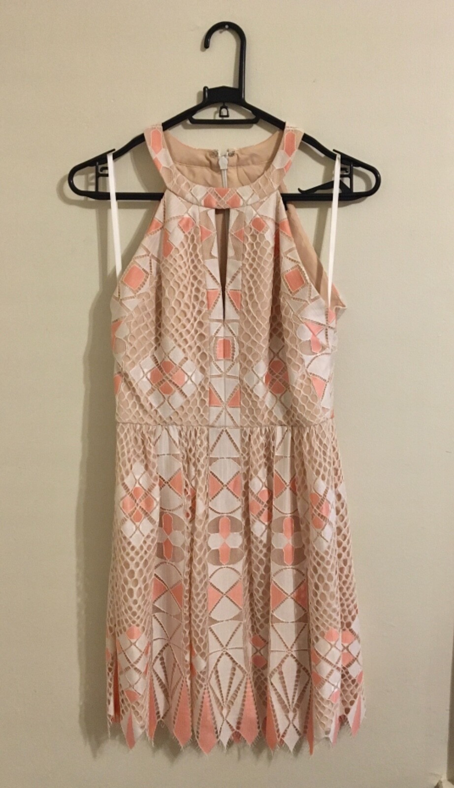 BCBG Megyn Geometric Lace Mesh Dress – Nude, ivory and pink, Size 0