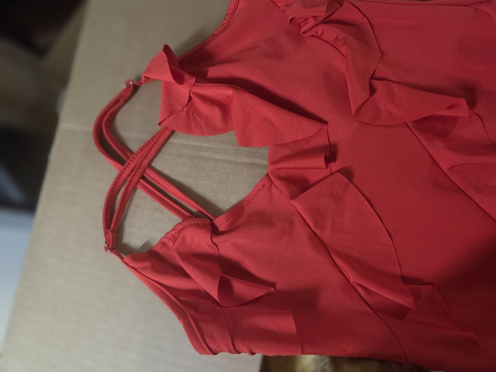 Red Solid Ruffle V-Neck Maxi Dress Size S Stretch Knit Adjustable Straps
