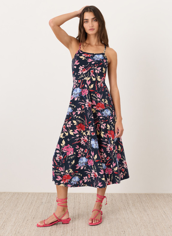 PACT Organic Fit & Flare Midi Dress Dayspring Blooms Multi NEW