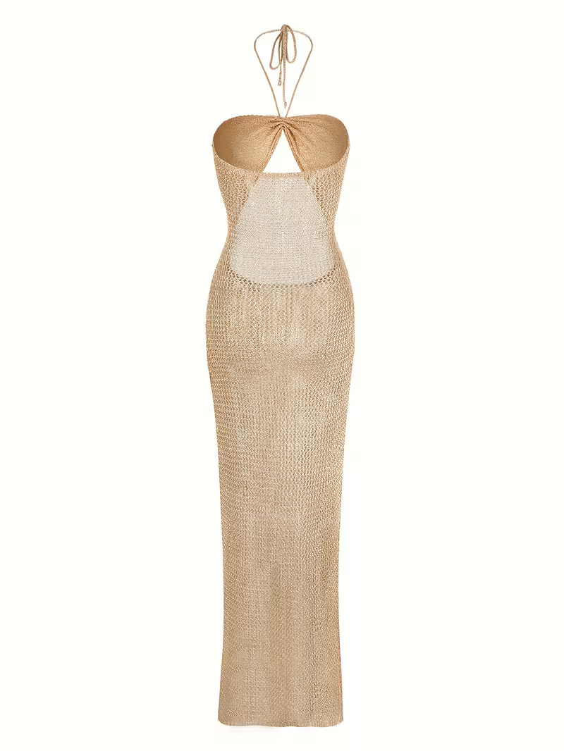 Asian M. Biege Maxi Dress. Backless Knit Sheer Mesh. Front Cut-Out. Halter. SEXY