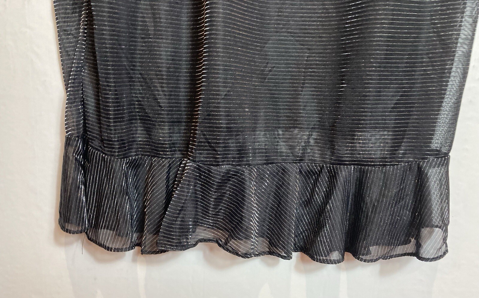 Vintage Fashion Bug Black Metallic Striped Slip Dress Size 12 Ruffle Hem 90s