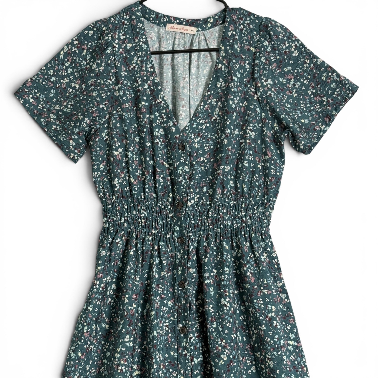 Marine Layer Annika Floral Button Front Midi Dress Green Tencel XS Smocked Waist
