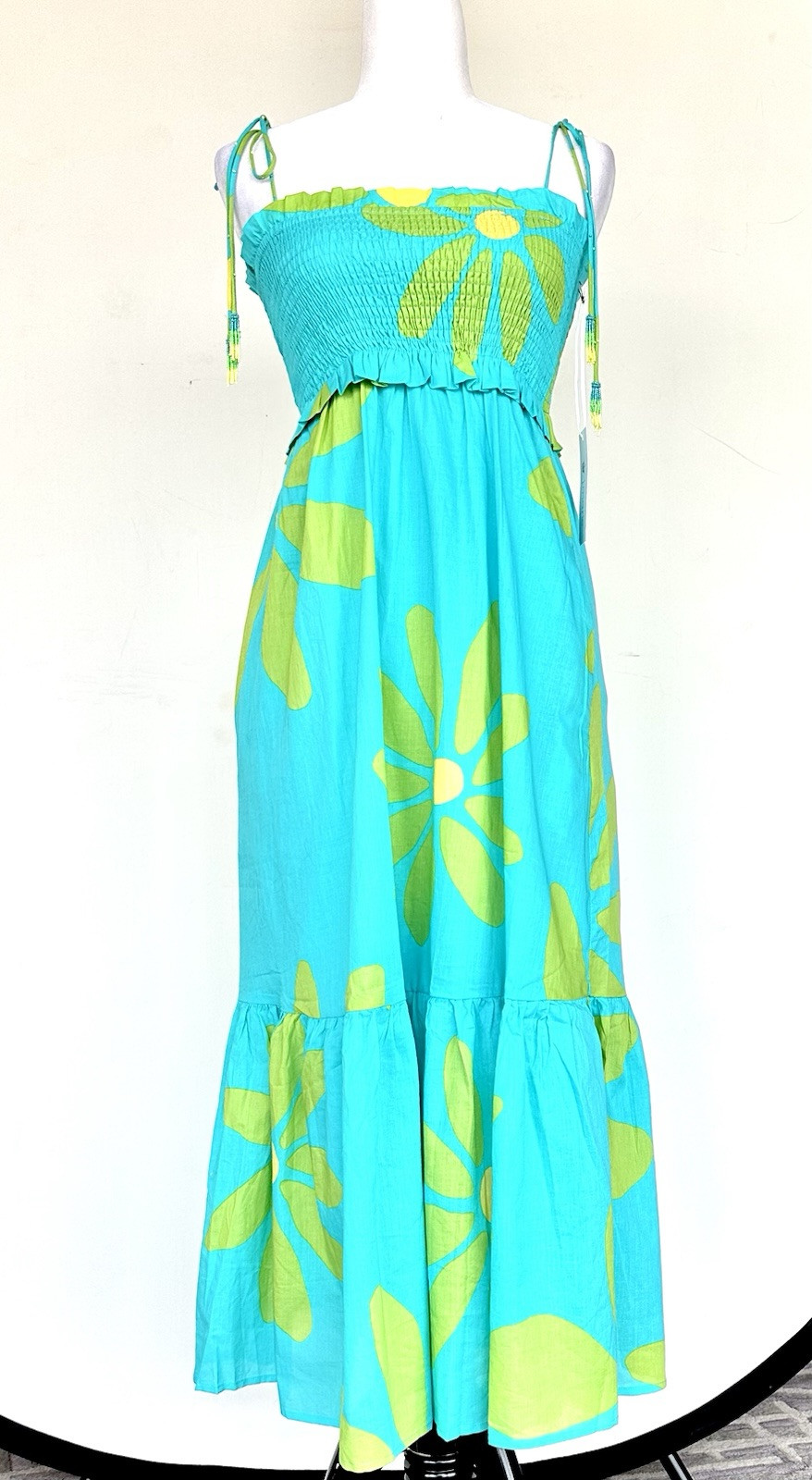 J Marie Indie Smocked Dress Beaded Strap MIDI Dress Retails $172 Size S NWT
