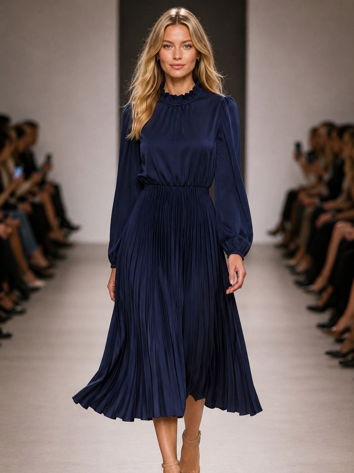 SHEIN Navy Pleated Midi Dress Long Sleeve Romantic Chic Size S