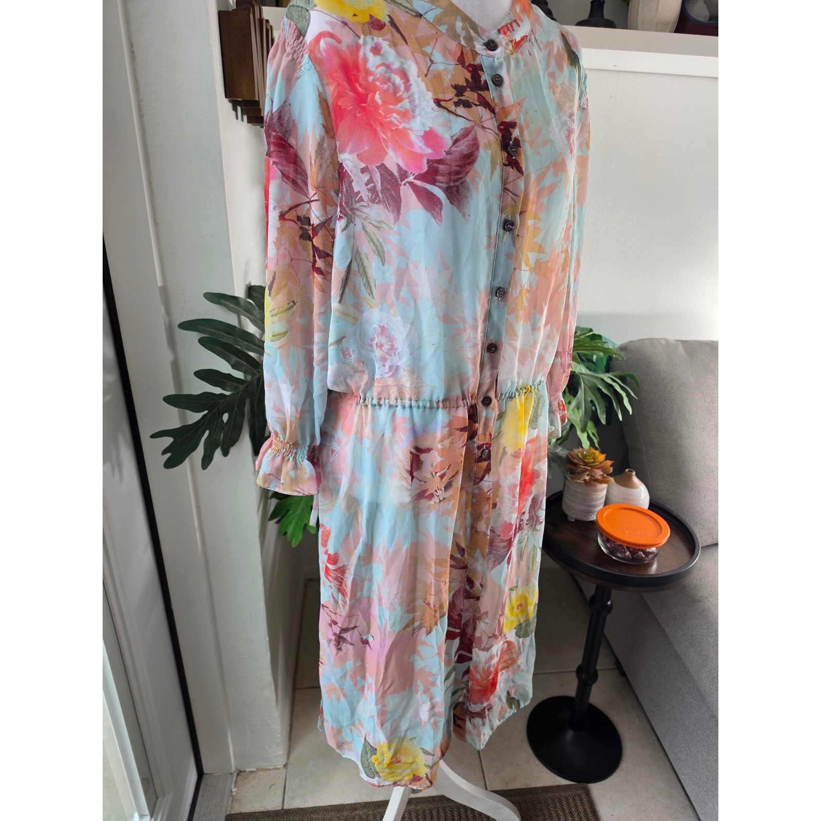Vince Camuto Floral Button Front Midi Dress Blue XL Drawstring Waist Side Slits
