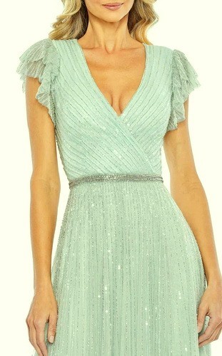 Mac Duggal Sea Mist Green Beaded Cap Sleeve Tulle A-Line Gown Size 16 $698