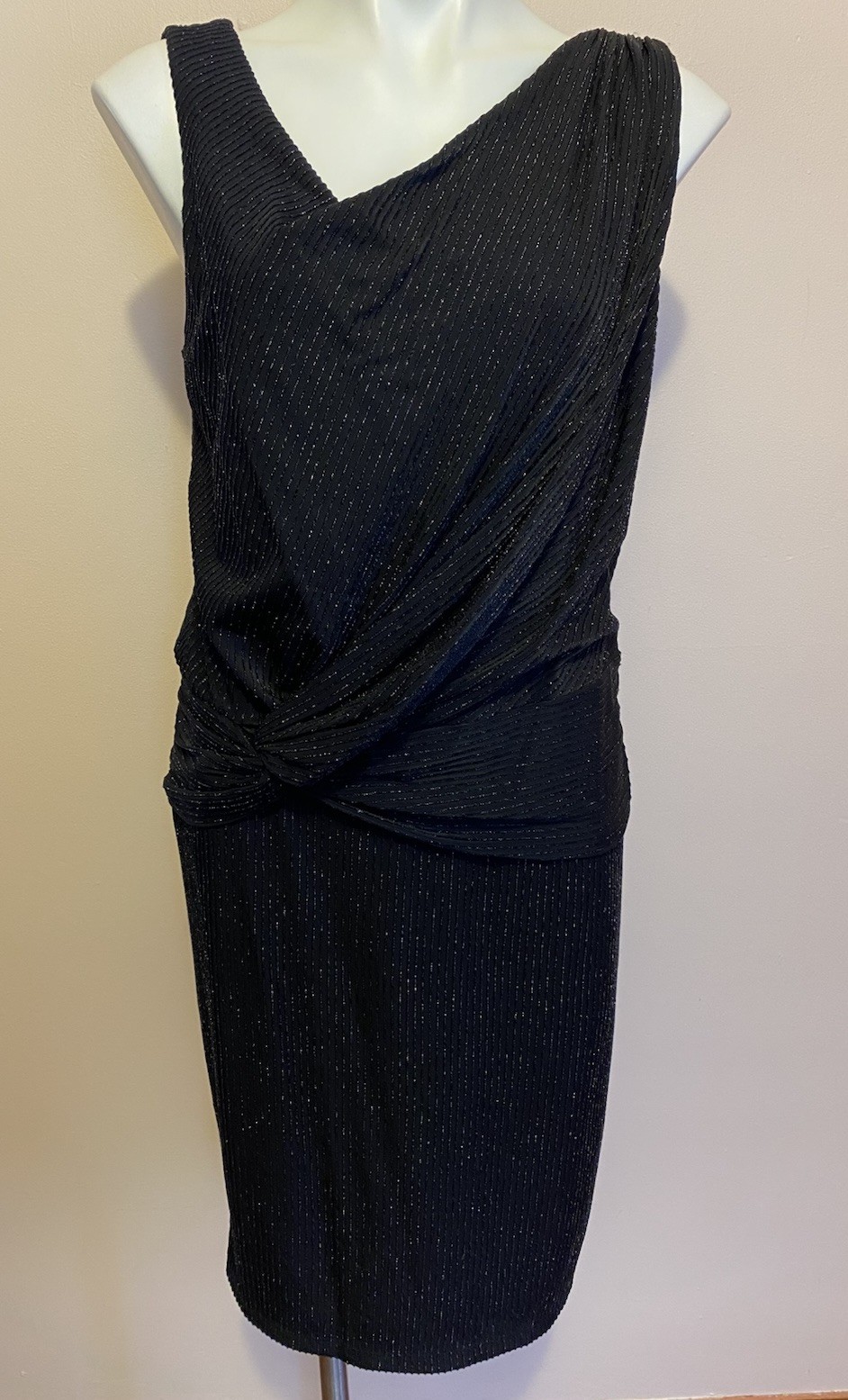 DAVID MEISTER Metallic Ribbed Draped Knot Asymmetric Neck Slvless Dress Black 12