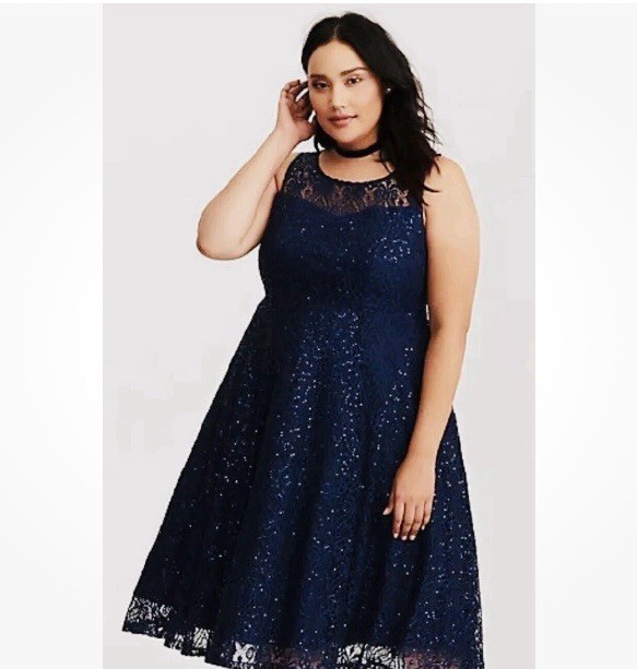 NWT $108 TORRID Special Event Occasion Dress Navy Sequin Lace Midi Skater Sz 10