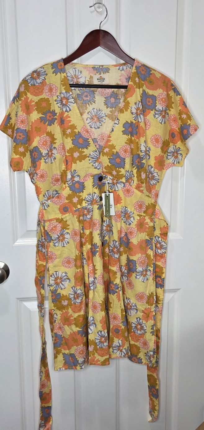 Marine Layer Button Front Yellow Vintage L Floral Short Sleeve Camila Dress NWT