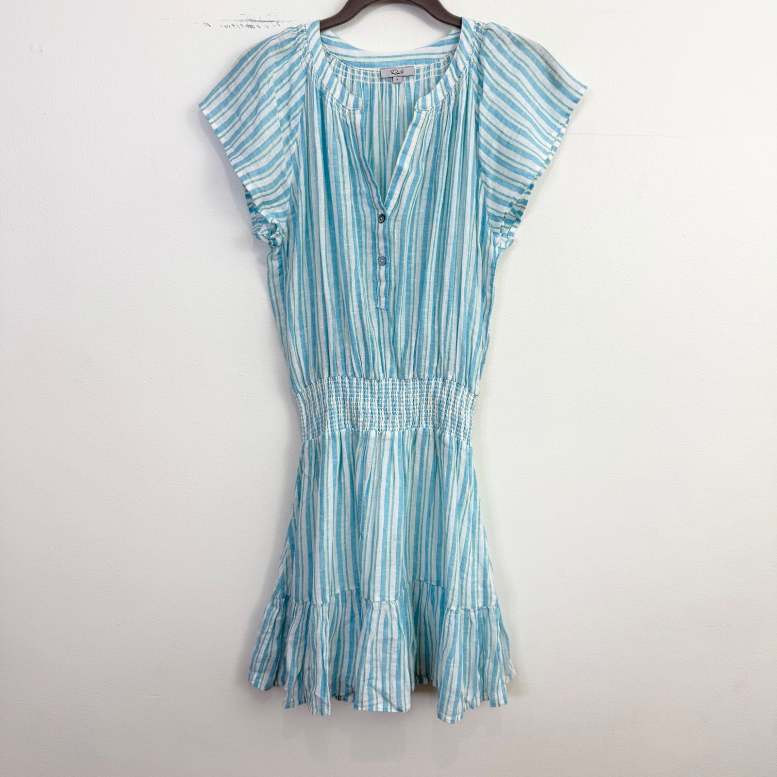 Rails Augustine Laguna Stripe Linen Blend Smocked Mini Dress Blue White Small