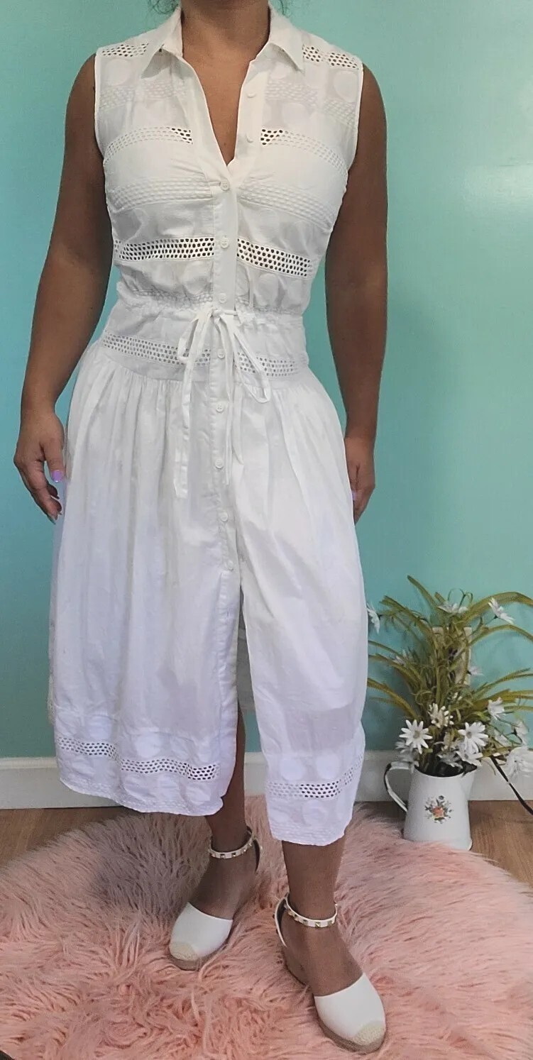 Eva Mendes NY&C Eyelet White Button Up Collar Mid Length Dress Size XS