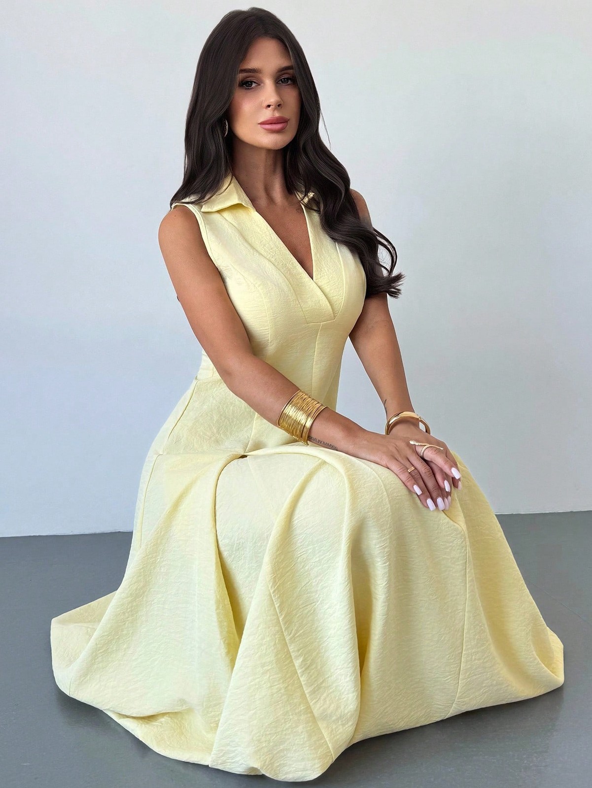 Elegant A Line Women’s Dress in Yellow with V Neck