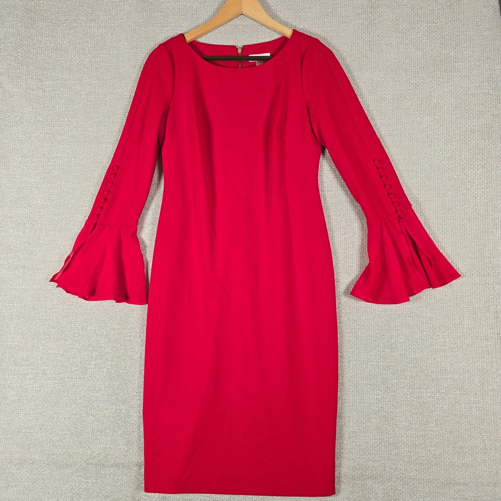Calvin Klein Red Bell Sleeve Dress Womens 8 Cocktail Party Button Cuff Midi