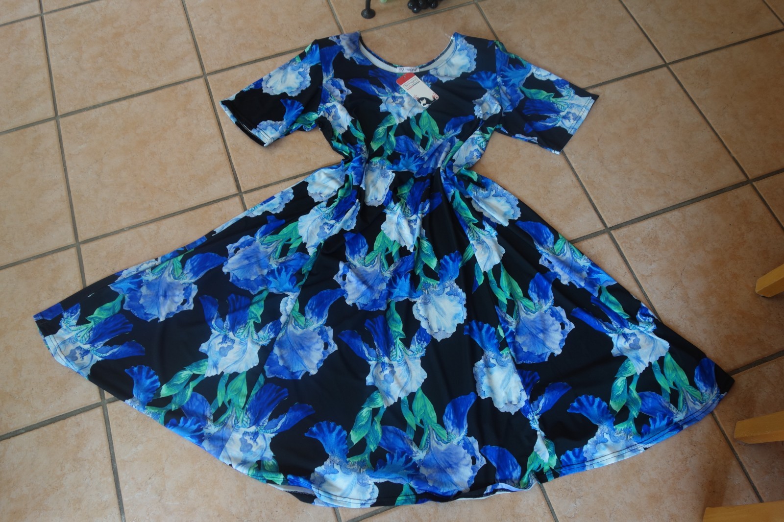MAGNA dress spring summer 56 58 NEW blue tones flowers stretch A-line LAGENLOOK