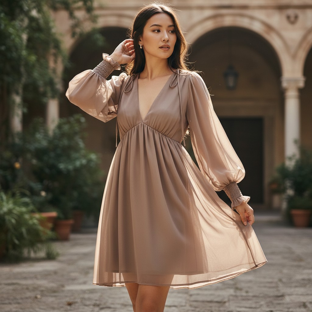 Leona Edmiston Dress AU 8 Beige Boho Midi Puff Sleeve Sheer Floaty Romantic