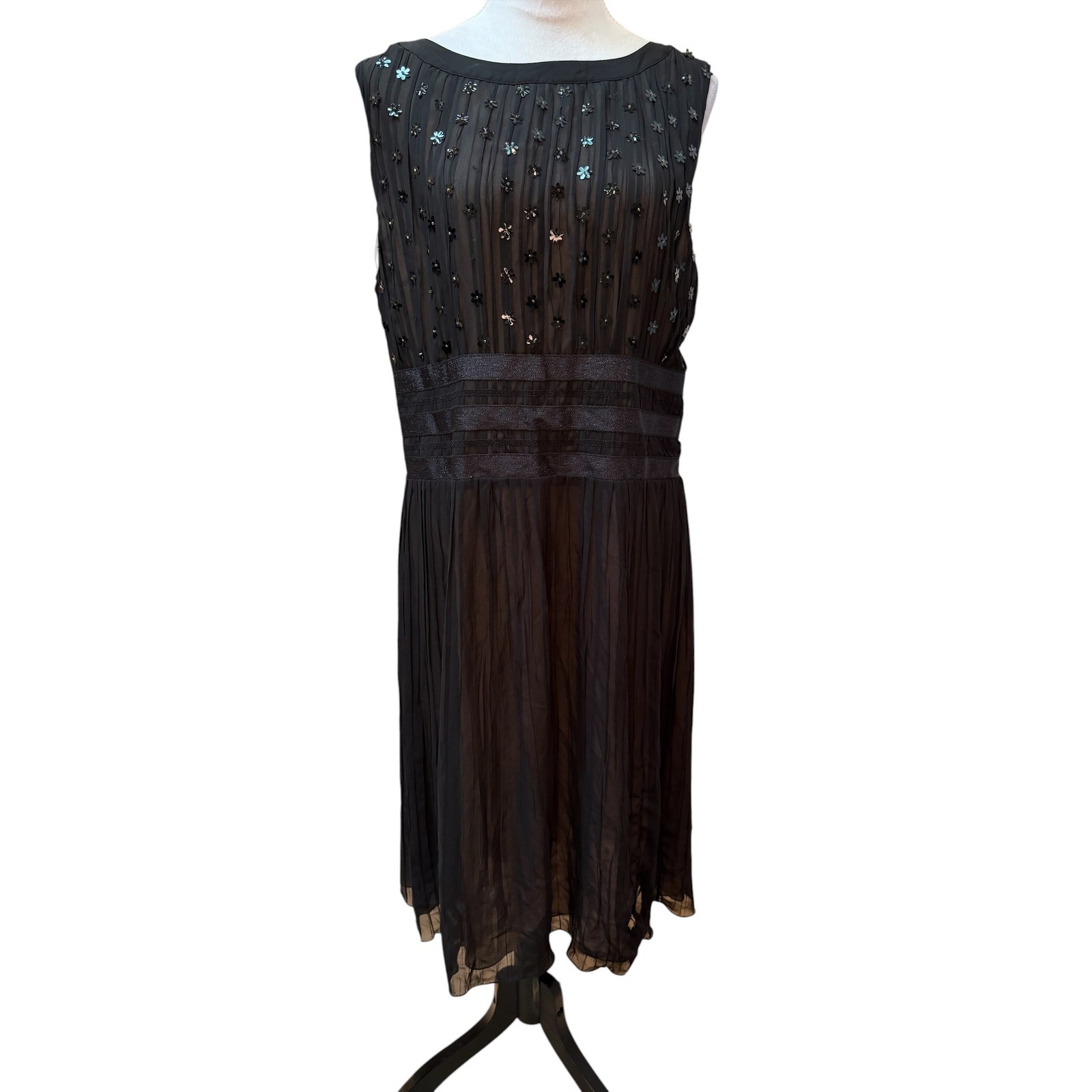 Linda Allard Ellen Tracy Womens 14 Black Sequin Beaded Pleated Chiffon Dress