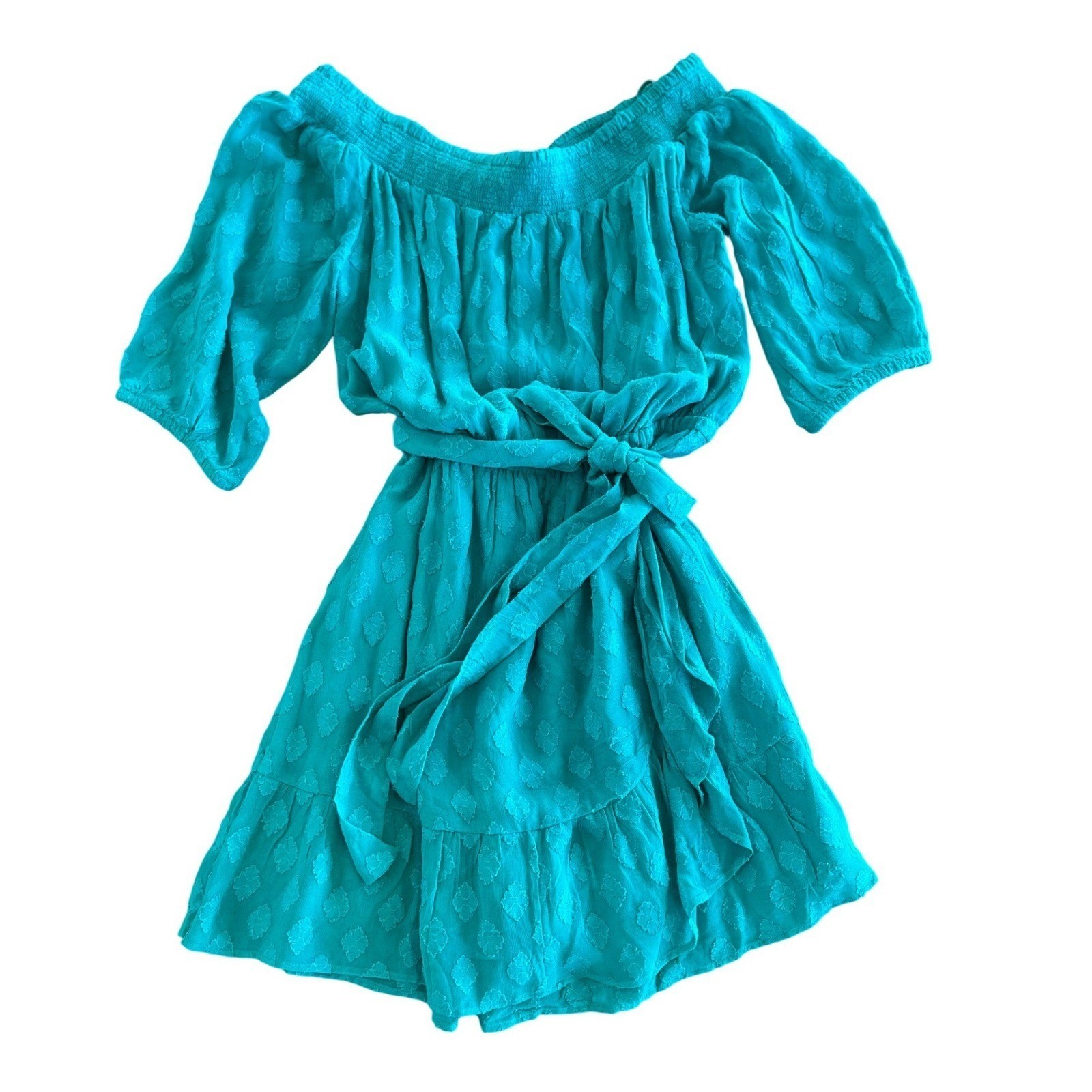Lilly Pulitzer Off Shoulder Smocked Romper Teal Burnout Tie Waist Ruffle Small