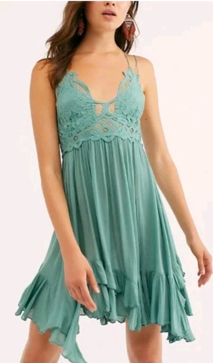 Free People Adella Lace Mini Dress Sea Mist S NWT