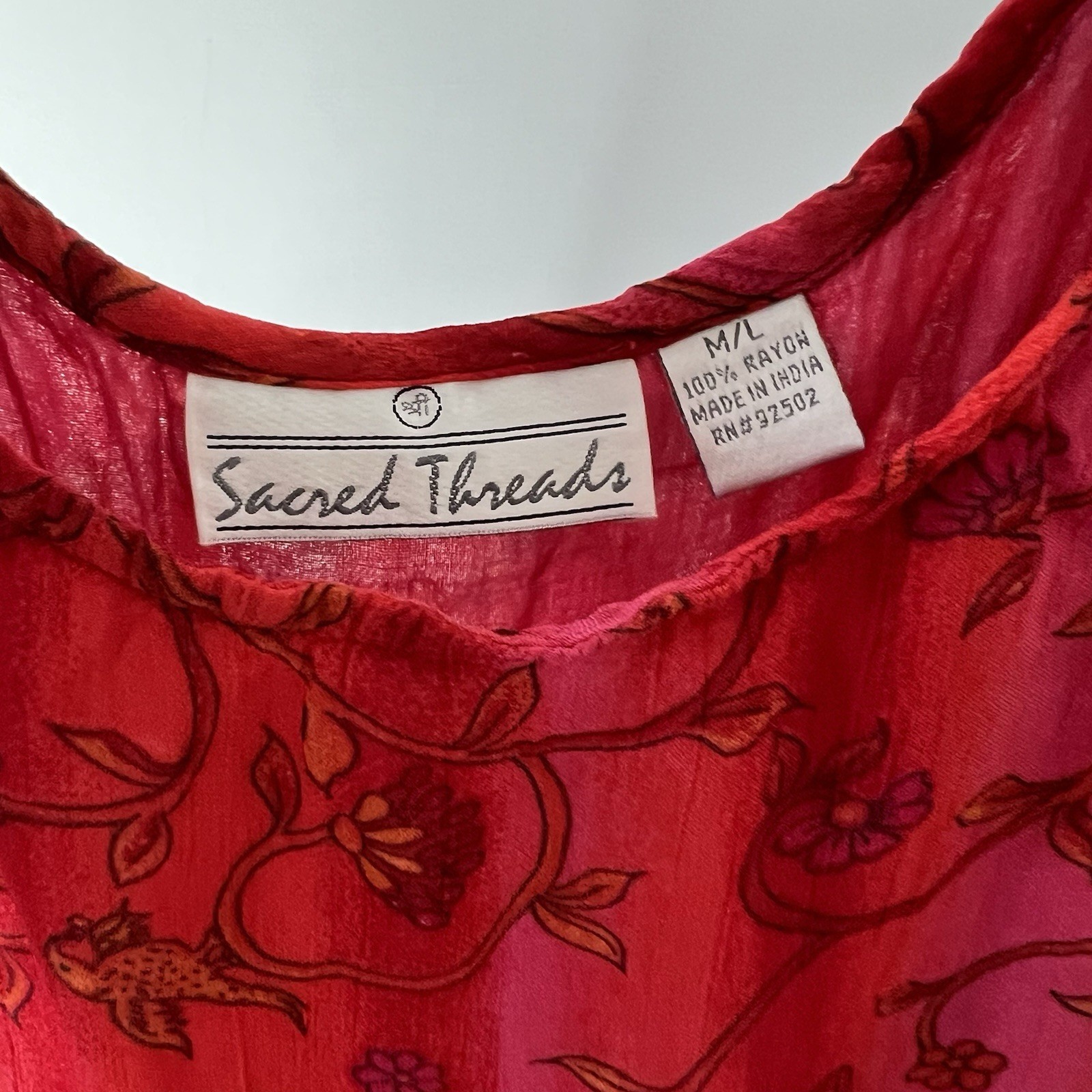 Sacred Threads Dress Womens M/L Red Chiffon Floral Boho Layered Festival India