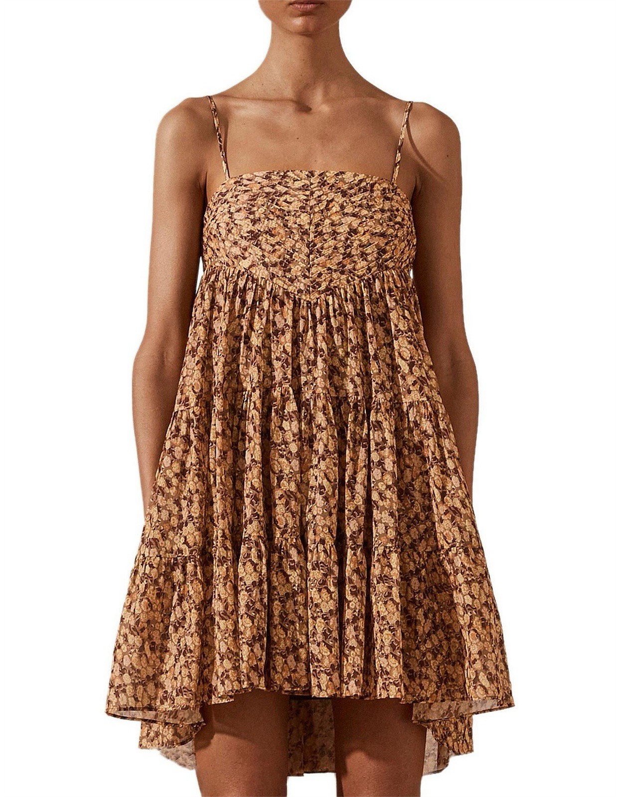Shona Joy Pin Tuck Sleeveless Mini Dress Size AU10 US6 Brown Yellow Floral