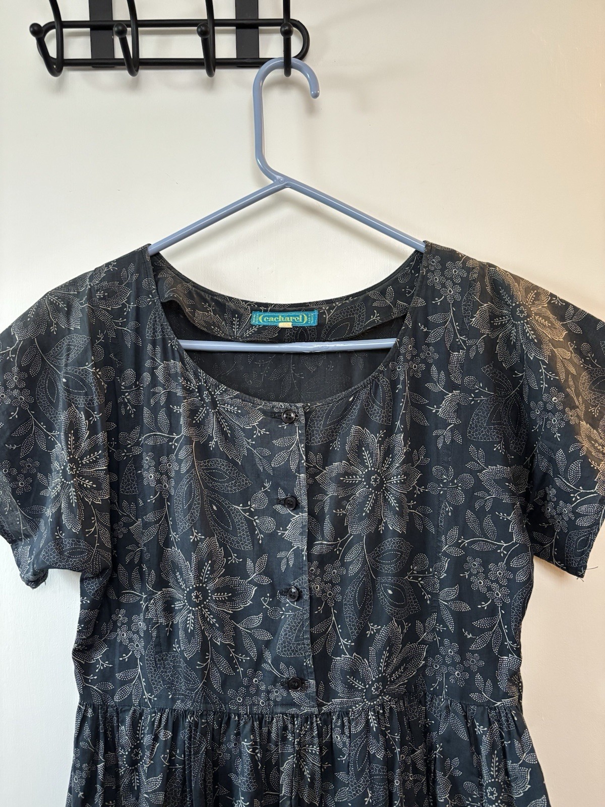 Cacharel Vintage Paris Floral Navy Gray Fit & Flare Pockets Cotton Midi Dress 40