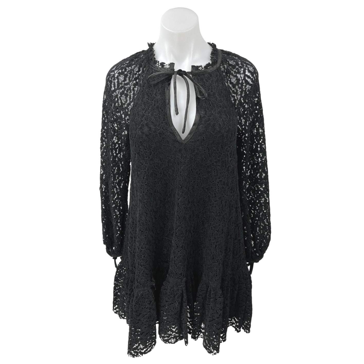 Free People Black Lace Floral Embroidery Keyhole Long Sleeve Mini Shift Dress XS