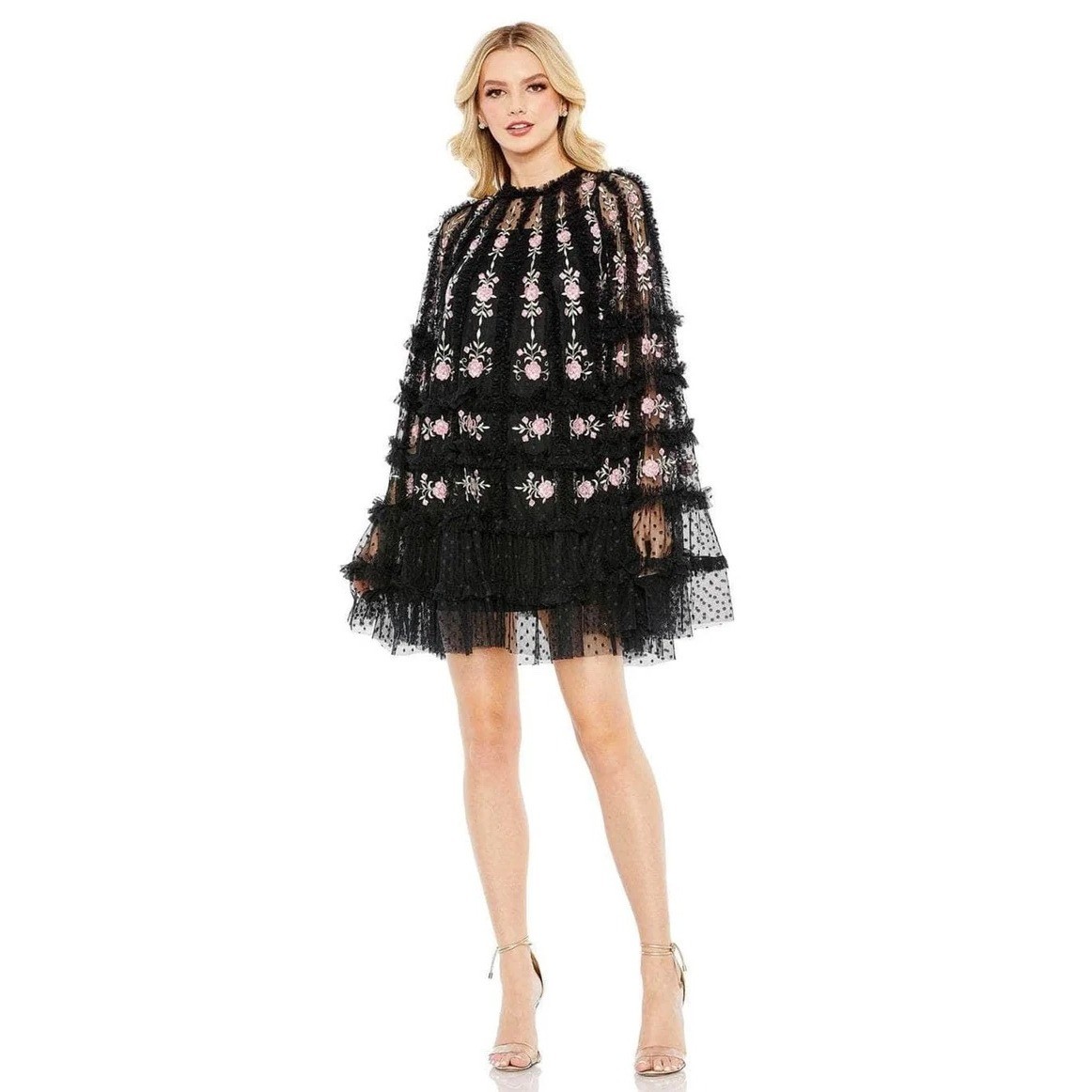 Mac Duggal Mini Dress Womens 8 Black Pink Floral Embroidered Tulle Tiered Ruffle