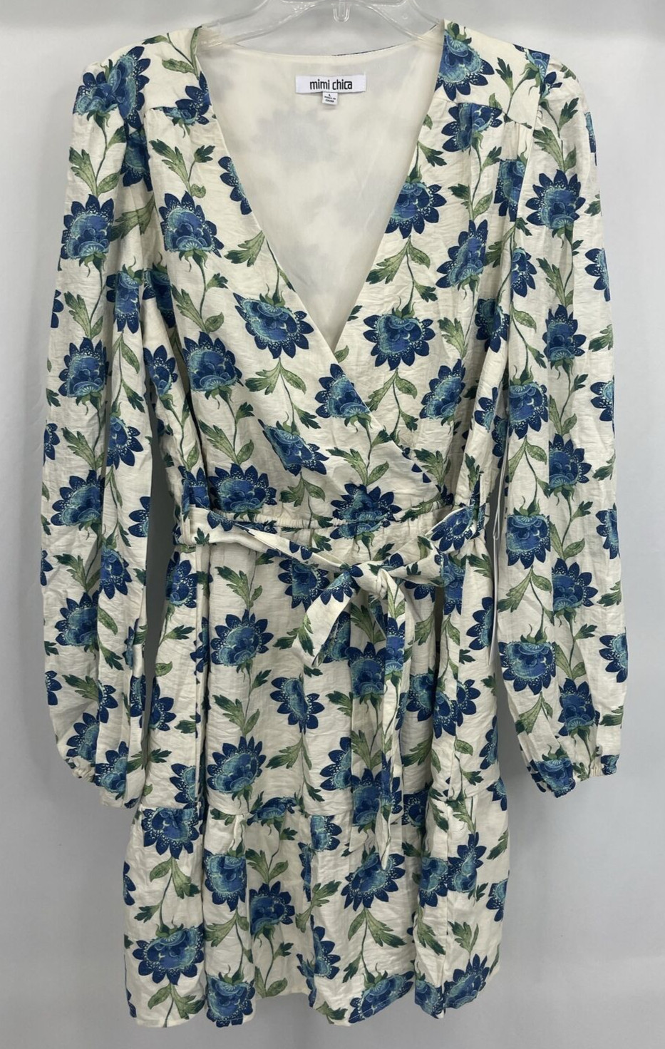 Mimi Chico Lined Floral Tie Front Flare Bottom Faux Wrap Dress Womens Sz L NWT
