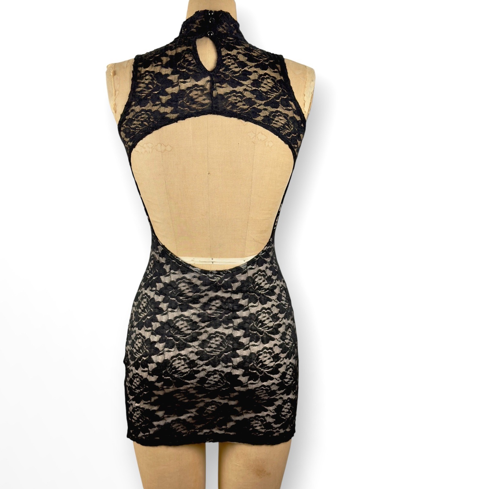 Y2K Wet Seal Black Lace Mock Neck Mini Dress Open Back Gothic Size XS S