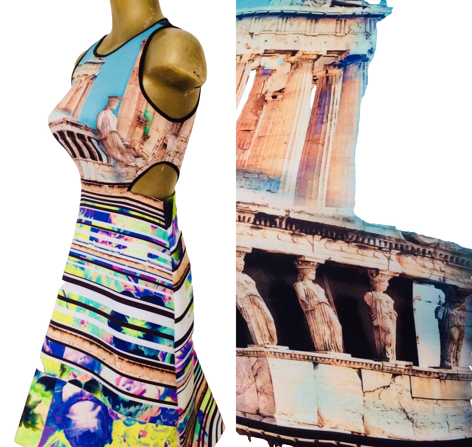 CLOVER CANYON Neoprene ACROPOLIS GARDEN Greek Greece Print DRESS S