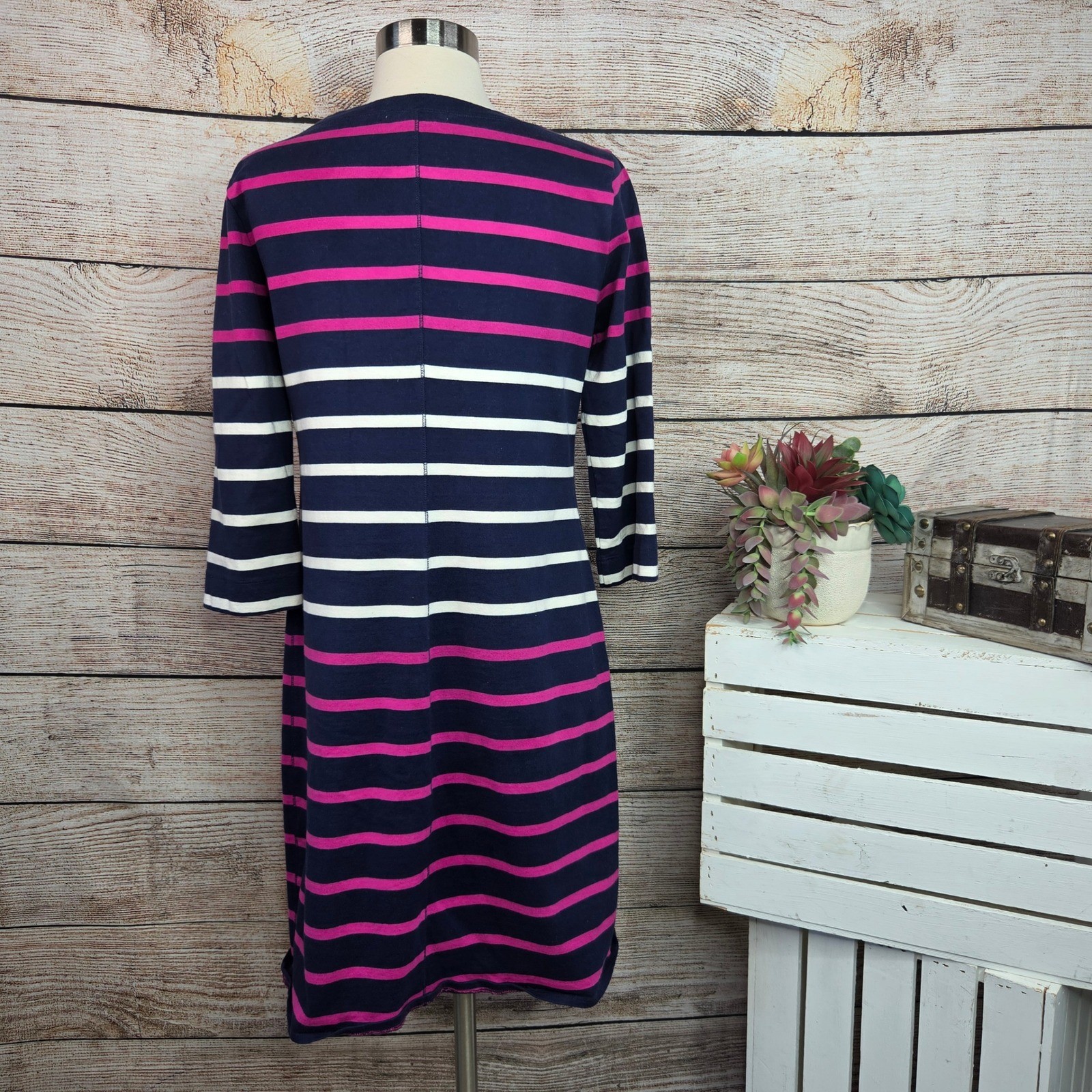 Banana Republic Womens Navy Pink Striped Boat Neck 3/4 Sleeve Shift Dress M