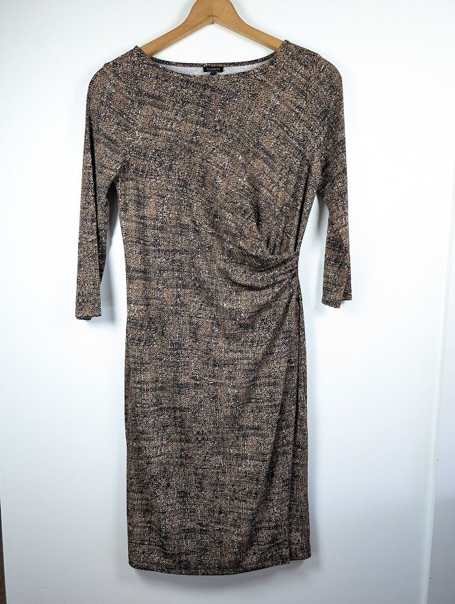 Talbots Dress Size Medium Faux Wrap Knee Length Stretch Ruched 3/4 Sleeve Career