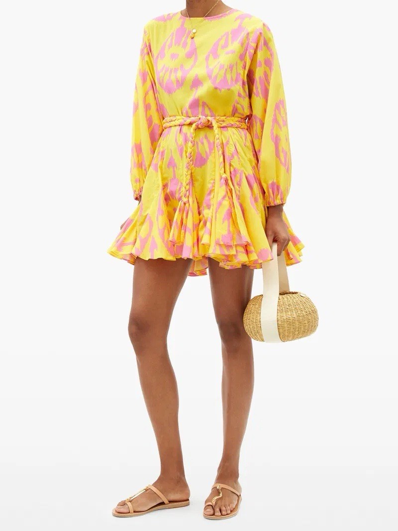 Stunning RHODE “Ella” Ikat Print Yellow & Pink Cotton Belted Mini DRESS, S §