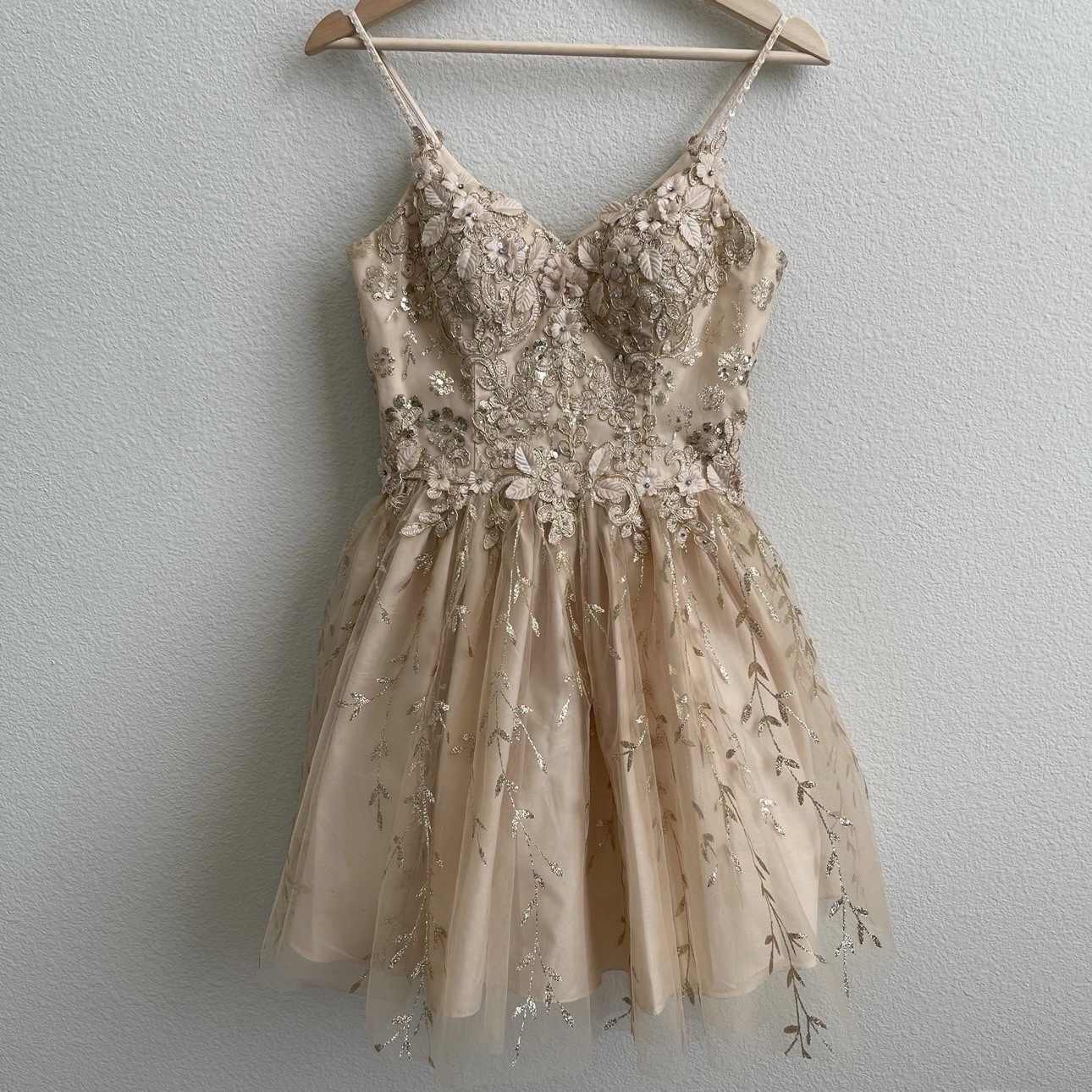 DANCING QUEEN Gold Beige Floral Glitter Tinker Bell Fairy Princess Tulle Dress