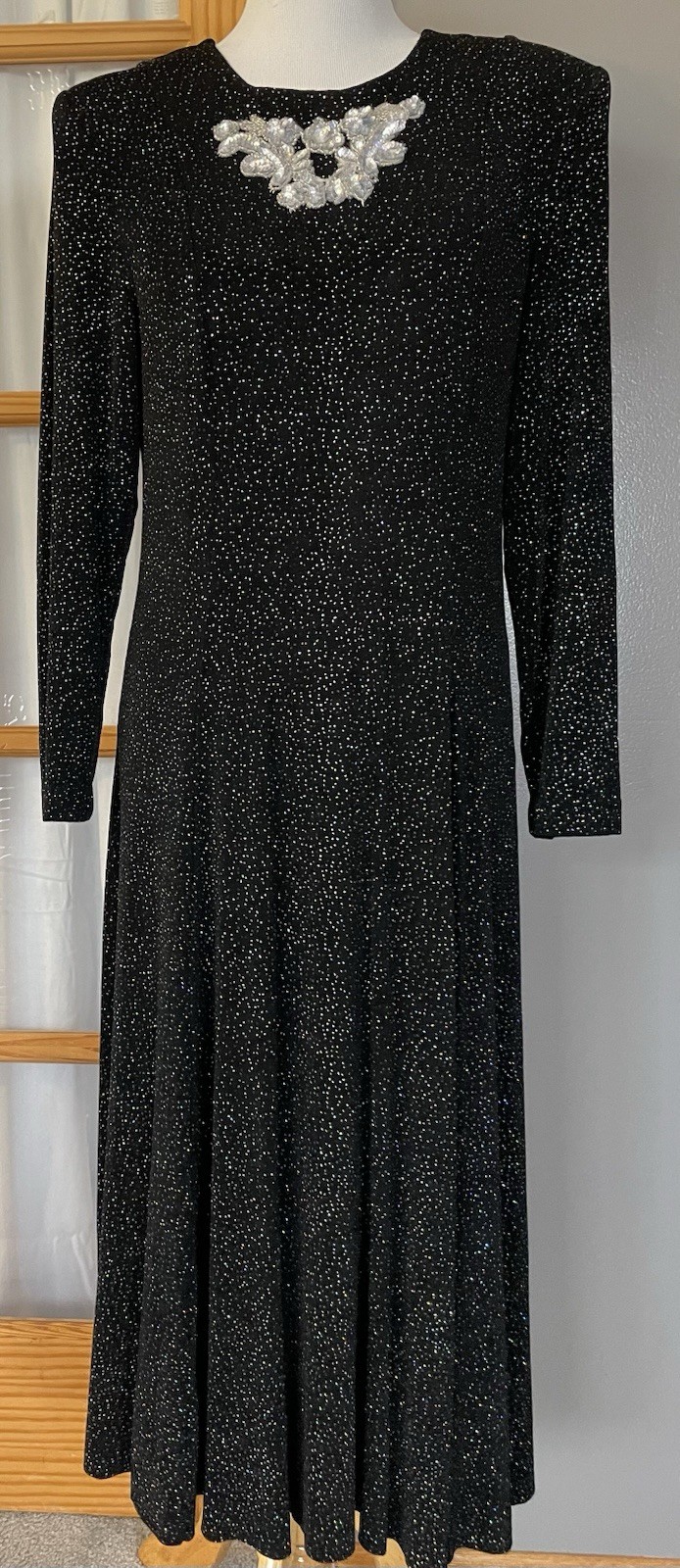 Vtg 80s Shimmery Cocktail Dresss M/L Black Slinky Sequins Goth Classic USA Made