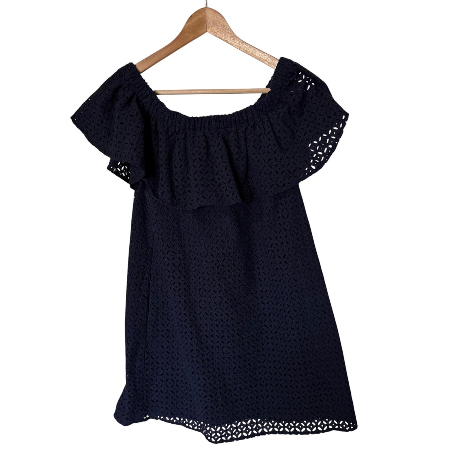 Likely Eyelet Mini Dress Women S Navy Blue Excellent Off Shoulder Ruffle Cotton