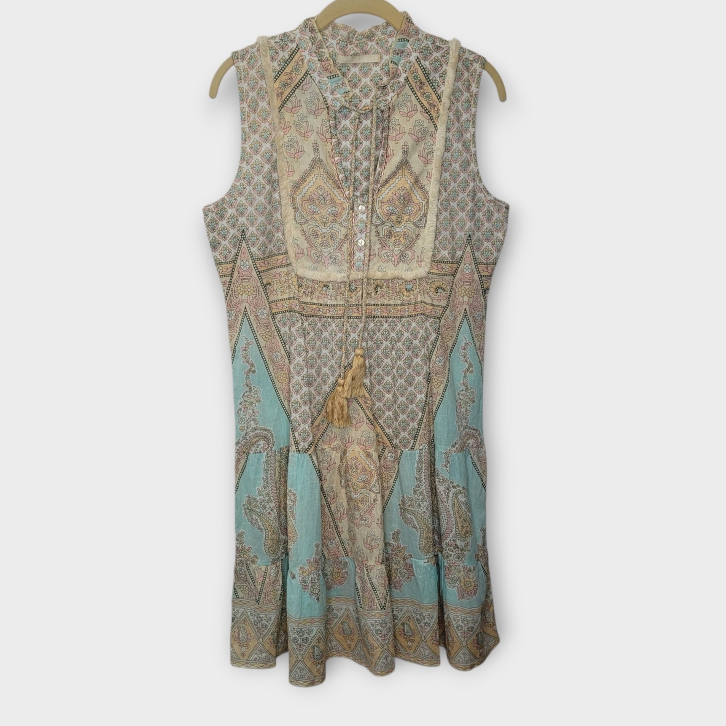 Lola Australia Sleeveless Shift Dress S Pastel Neutral Block Print India Cotton