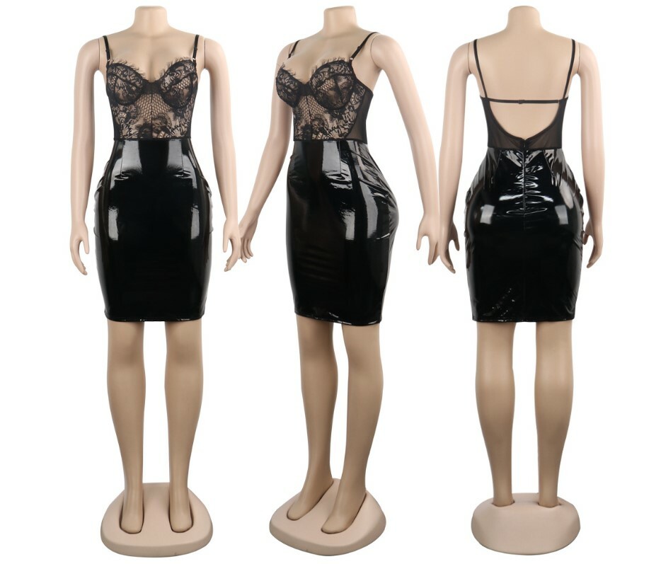 USA Women Backless Spaghetti Strap Lace Sheer Bodycon Party Club Mini Dress #S