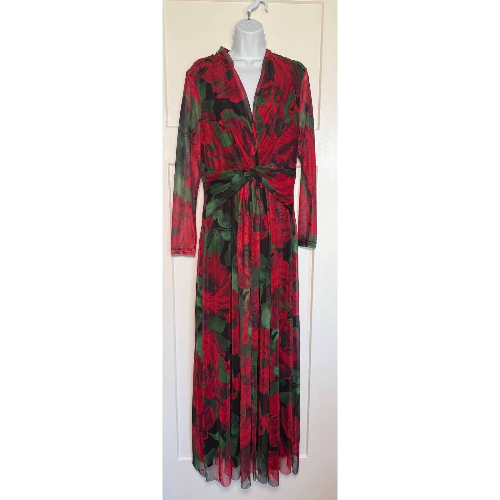 Anne Klein Titian Red Green Black Maxi Dress Sheer Vneck Floral SIZE 8