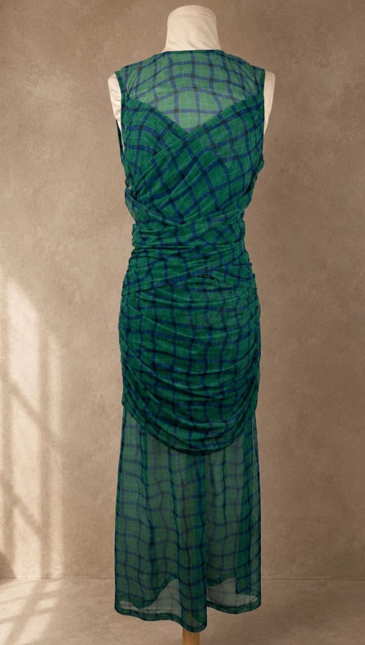 Simon Miller Kinny Mesh Midi Sleeveless Dress Green Blue checker square XL
