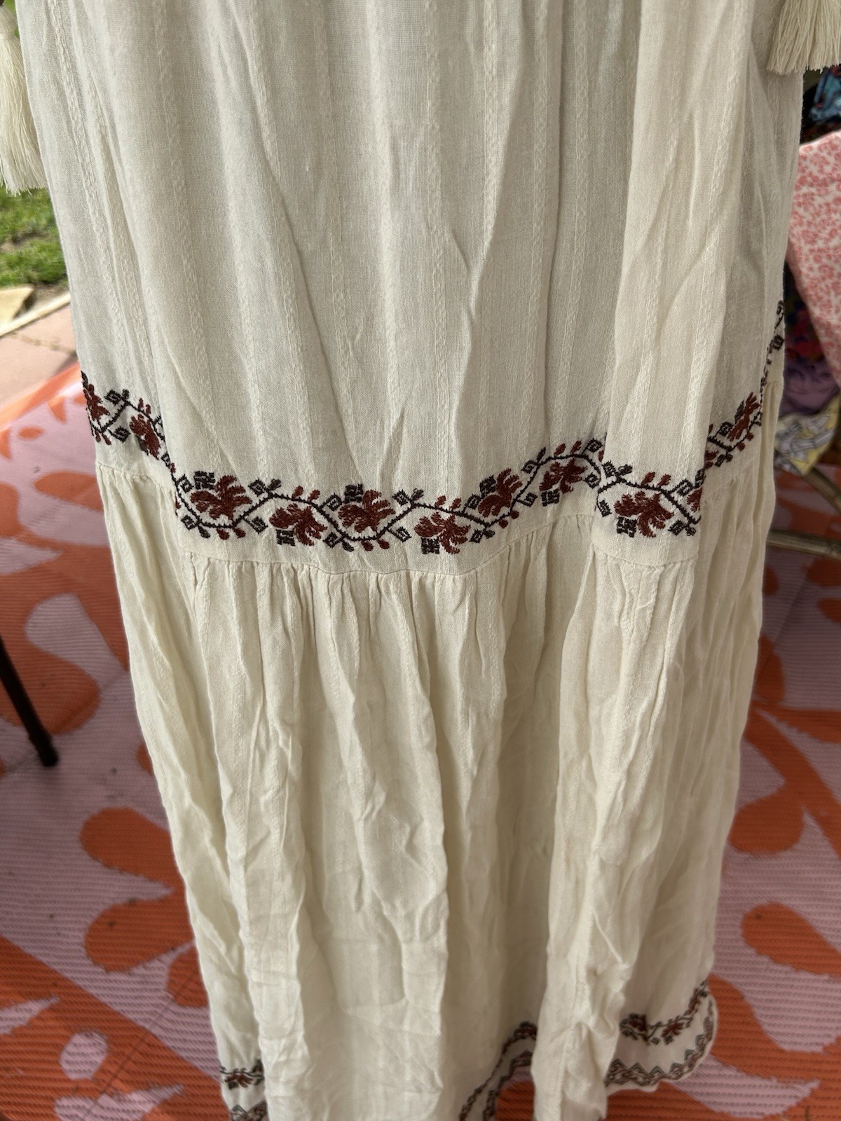 NWT American Eagle Ivory Embroidered Smocked Tie Strap Maxi Dress Cotton M
