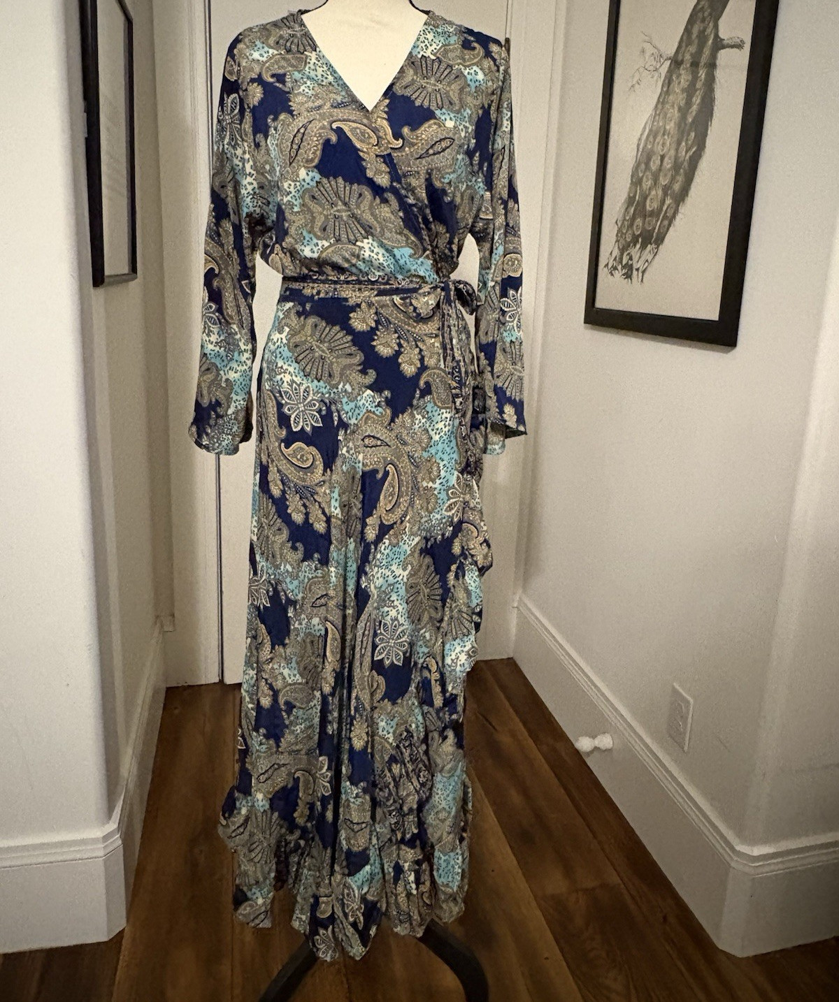 NWT Cienna Mahala Blue Paisley Wrap Maxi Dress Long Sleeve V-Neck Tie Size L
