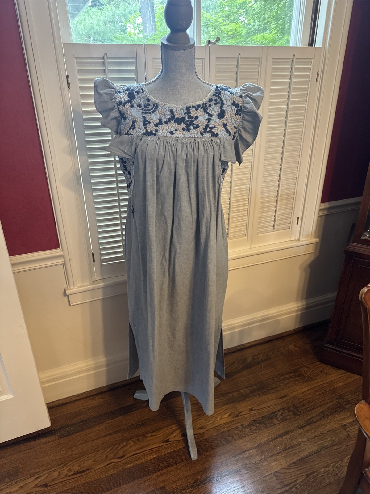 Mi Golondrina Blue Embroidered Sleeveless Midi Dress Sz L Mexico