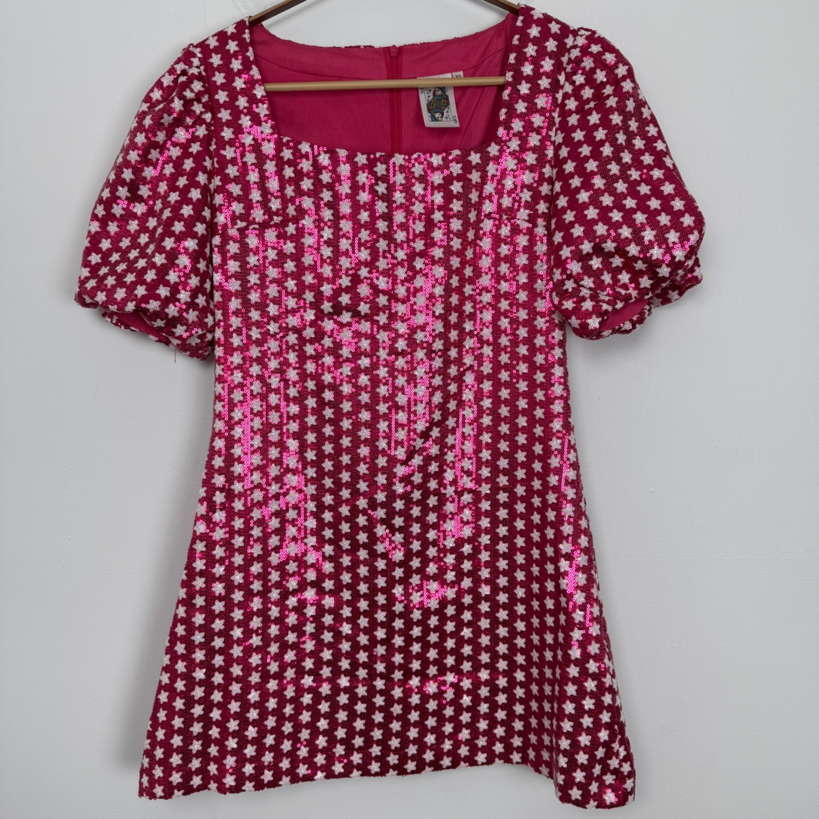 Queen of Sparkles Pink Sequin Star Mini Dress Puff Sleeve Square Neck XS