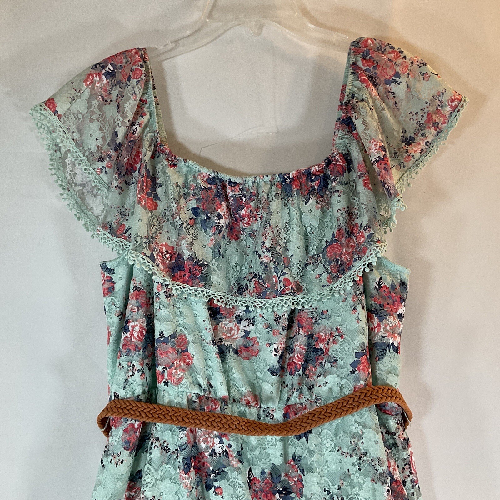 No Bounderies Aqua/Mint Blue Floral Lace dress with Belt, Junior size XXL