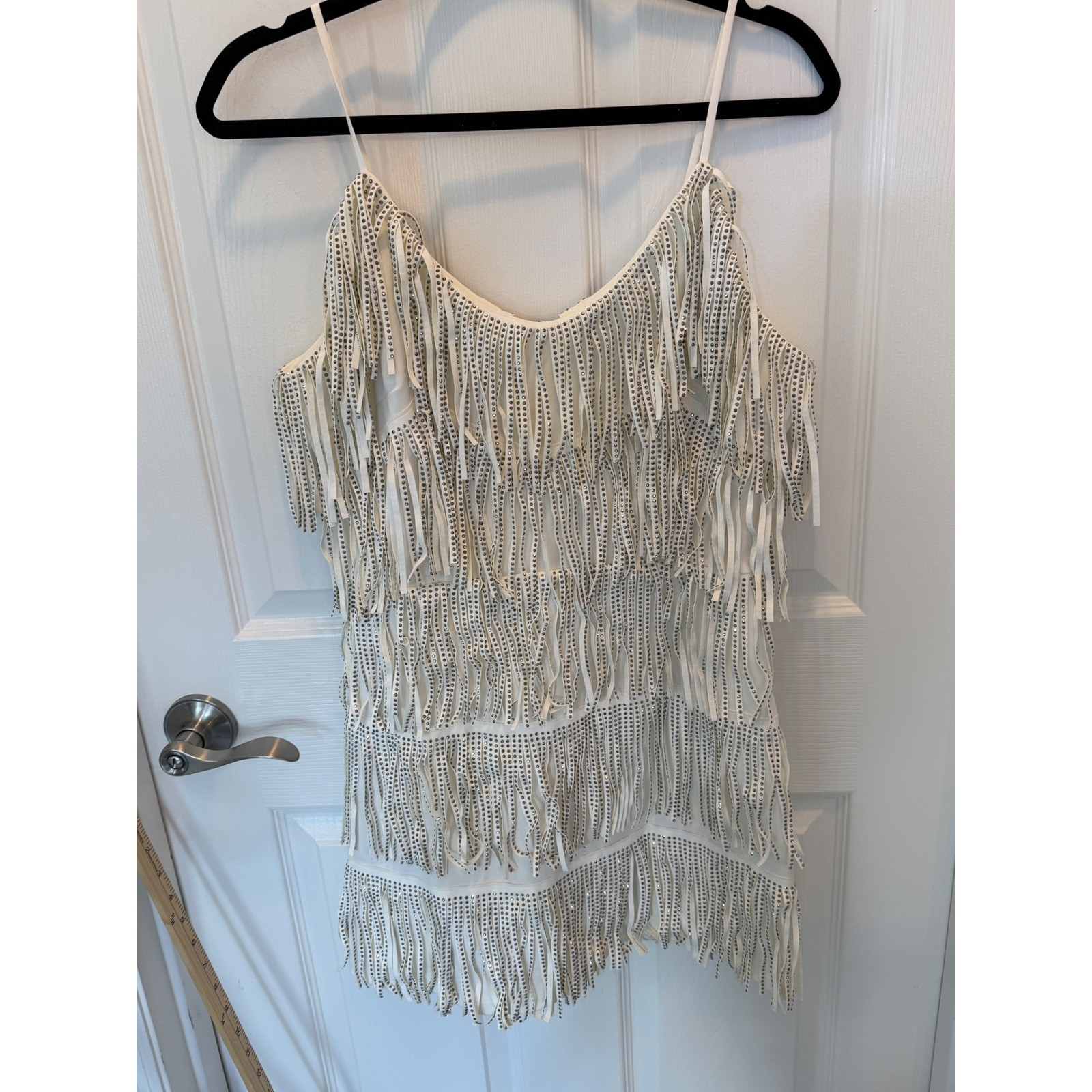 NYLON APPAREL Rhinestone Fringe Mini Dress White Spaghetti Strap Party Size M
