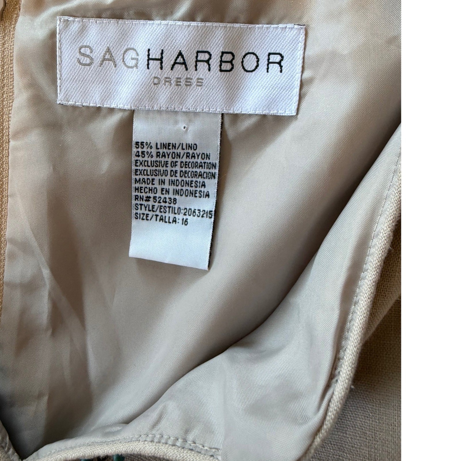 Sag Harbor Women Tan Linen Blend Embroidered Sheath Dress Sz 16 Sleeveless Boho
