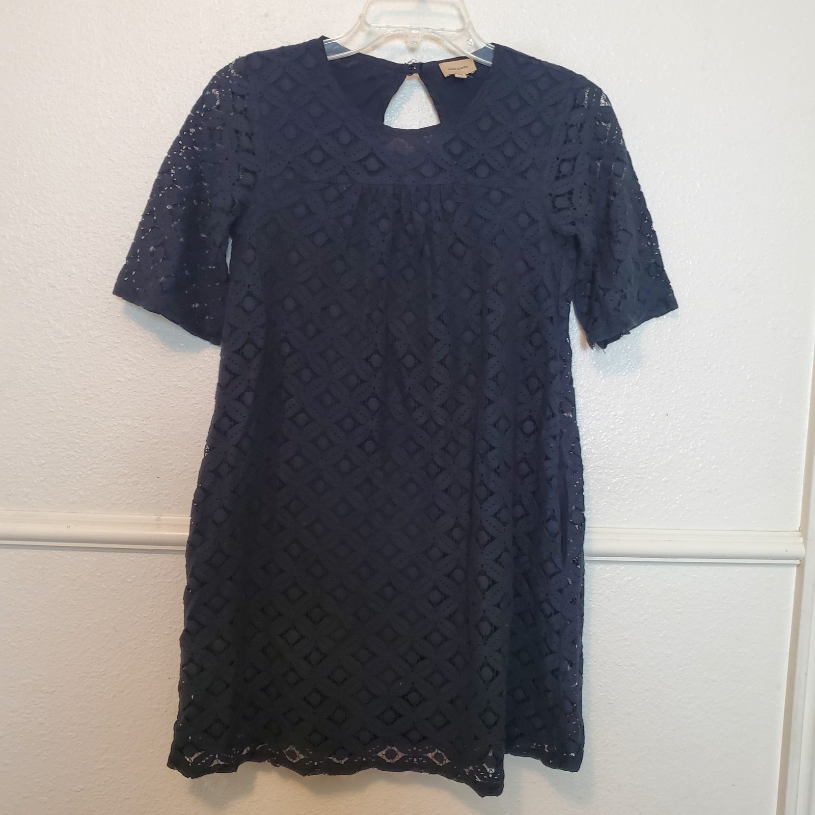 Ella Moss Women’s Black Lace Overlay Shift Dress Keyhole Short Sleeve XS